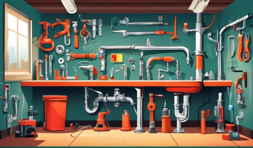 An illustrated guide showing basic plumbing tools and techniques in a well-lit, clean workshop environment, with labels.