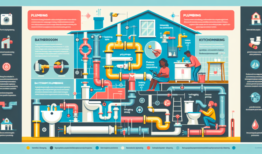 An infographic showing the basics of plumbing. The design should be colorful and modern, showcasing elements such as pipes, joints, and valves. There should be diagrams of a typical home plumbing procedure, maybe a cutaway of a house showing bathroom and kitchen plumbing. Include scenes of someone dealing with a leaky faucet and unclogging a drain. The person dealing with the faucet is a Black woman, and the one unclogging the drain is a Hispanic man. This image should be informative, engaging, and easy to understand, and should be made with no text, only illustrations.