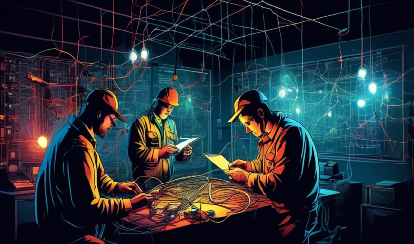 A team of electricians carefully analyzing and repairing a complex web of wires in a dimly lit room, illuminating it with their bright flashlights, with visible diagrams and tools surrounding them.
