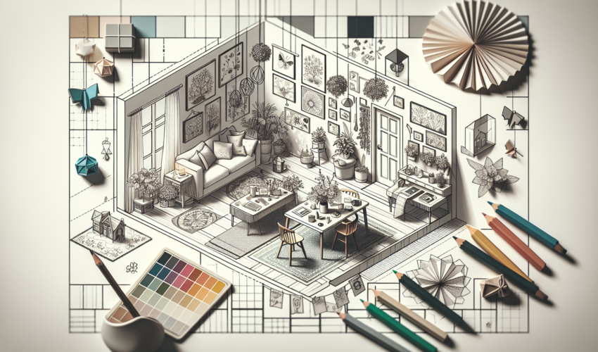 A depiction of a home setting teeming with creativity. Visualize a myriad of simple, artistic projects scattered around various areas in the house: a quaint DIY table centerpiece in the dining area, homemade wall art in the living area, and an origami mobile hanging in a children's room. Moreover, imagine a palette board brimming with bright, modern colors that serve to accentuate these creative endeavors. The overall style should use crisp lines and bold shapes, characteristic of modern design aesthetics.