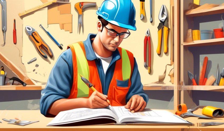 An illustrated step-by-step guide on drywall construction displayed on an open book, with a beginner builder looking thoughtfully at the tools and materials required, on a construction site background