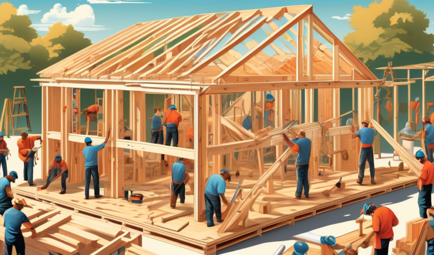 An illustration showing a diverse group of carpenters building a wooden house frame on a sunny day, with detailed annotations explaining different carpentry tools and techniques used in residential co