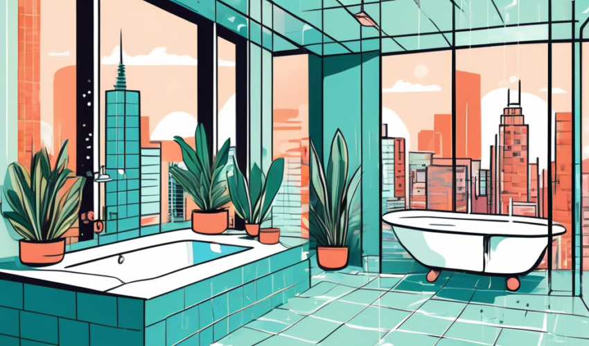 An illustrated guide book cover featuring a modern, beautifully renovated bathroom with sleek shower fixtures, gleaming tiles, and potted plants, highlighting the top local shower renovation services