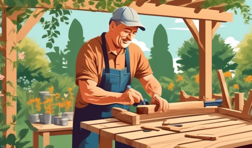 A serene backyard setting where a middle-aged man is constructing a wooden pergola, surrounded by lush greenery, with a detailed close-up of his hands expertly securing a joint using woodworking tools
