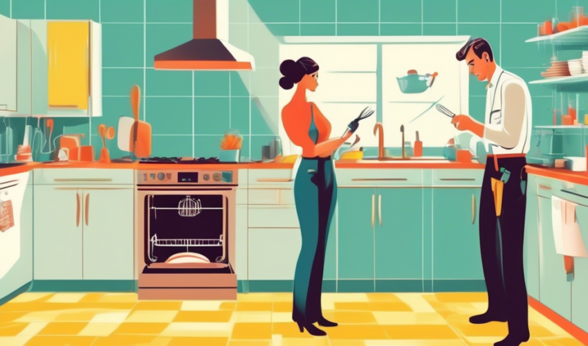 An expert technician with a tool belt full of tools standing in a modern kitchen, examining an open dishwasher, with a worried couple standing by, in a bright, clean illustration style.