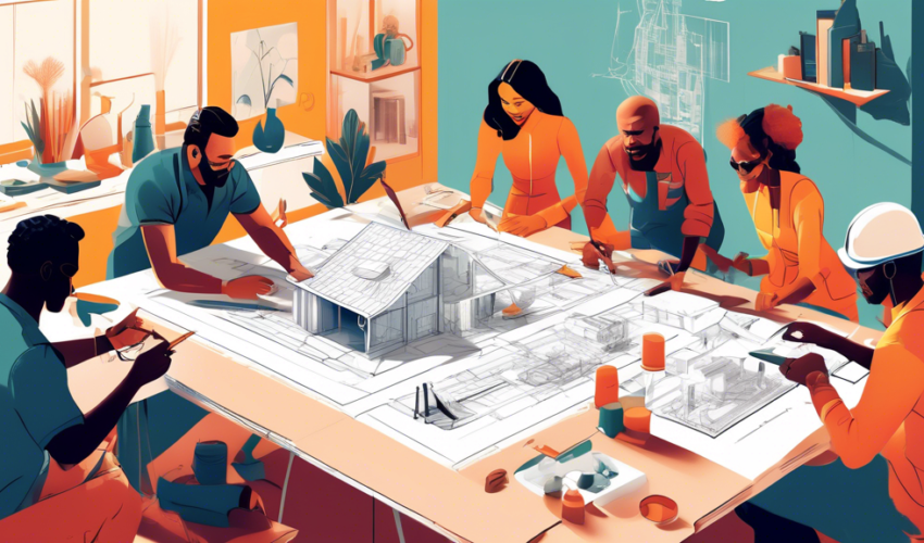 An animated image of a diverse group of people examining blueprints and samples on a table, in a bright and stylishly half-renovated living room, with tools and paint cans around, depicting the discus