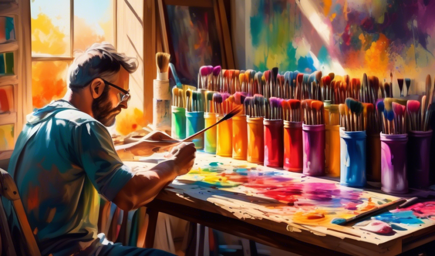 An artist thoughtfully selecting from a vast array of colorful paint tubes and brushes laid out on a rustic wooden table in a sunlit studio, with a large canvas in the background partially painted wit