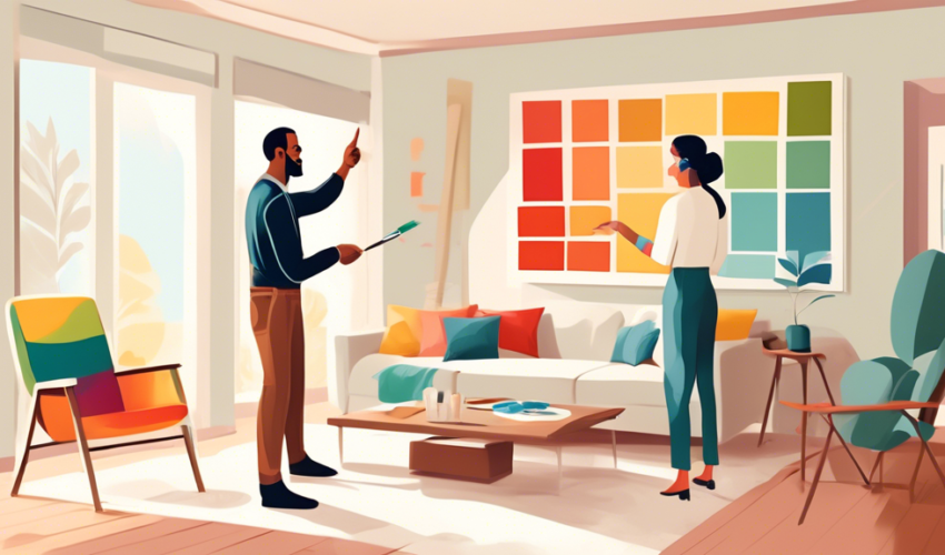 An image of a professional painting contractor discussing color options with a homeowner in a bright, airy living room, with color swatches in one hand and pointing at a partially painted wall, illust