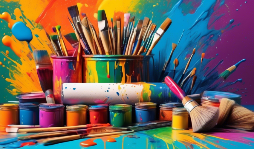 An artistic and detailed guidebook floating amidst a vibrant background of brushes, rollers, and colorful paint splashes, symbolizing the meticulous selection of painting services.