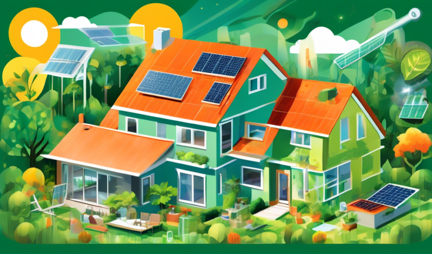 An illustrative collage showing a variety of energy-efficient home improvements, including solar panels on the roof, double-glazed windows, and an advanced smart home system controlling lighting and t