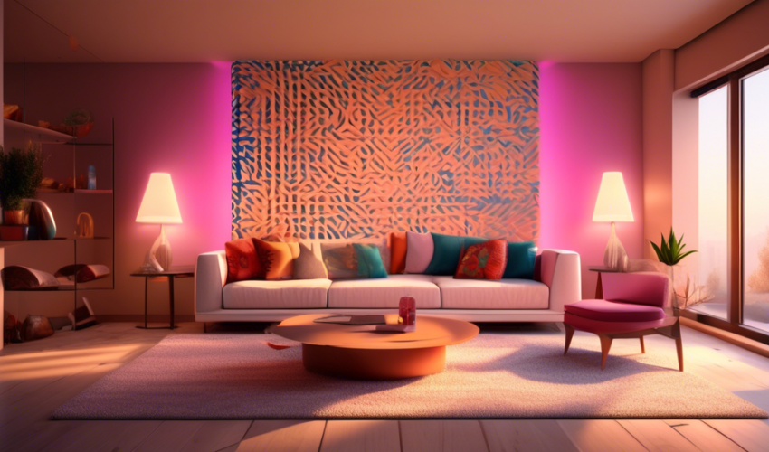 An artistically rendered, contemporary living room with intricate drywall textures and geometric patterns, illuminated with soft, ambient lighting.
