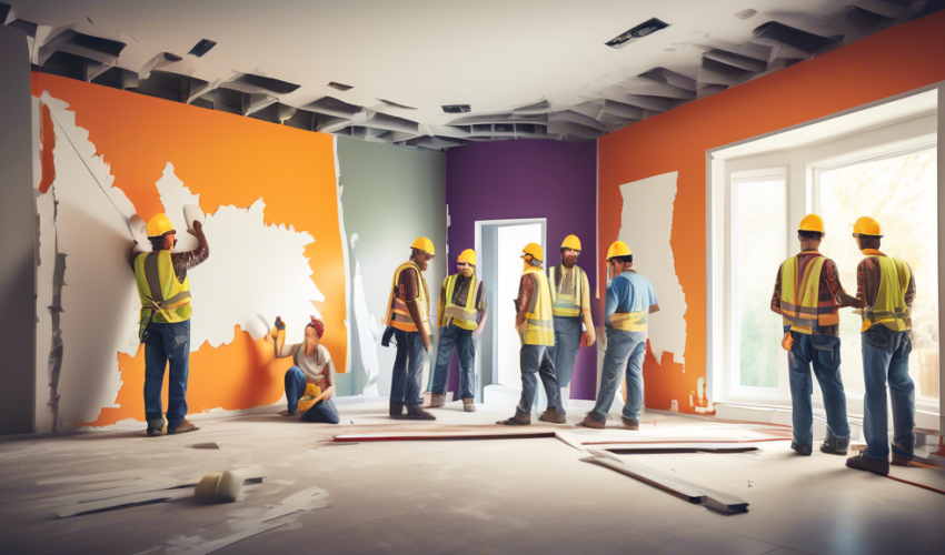 An illustration of a diverse group of professional contractors installing drywall in a modern home interior, with a detailed infographic on the side breaking down the various costs associated with dry