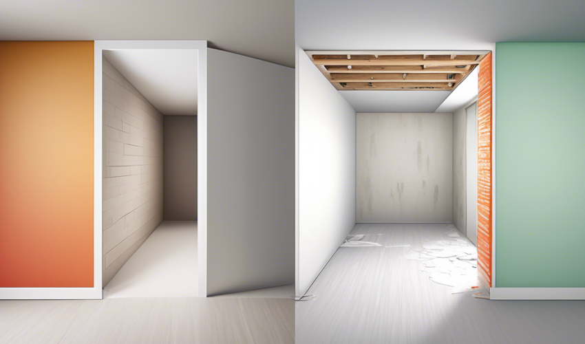 An informative illustration showing side-by-side comparison of a room divided in the middle, with one half constructed using drywall and the other half using plaster, highlighting the differences in t