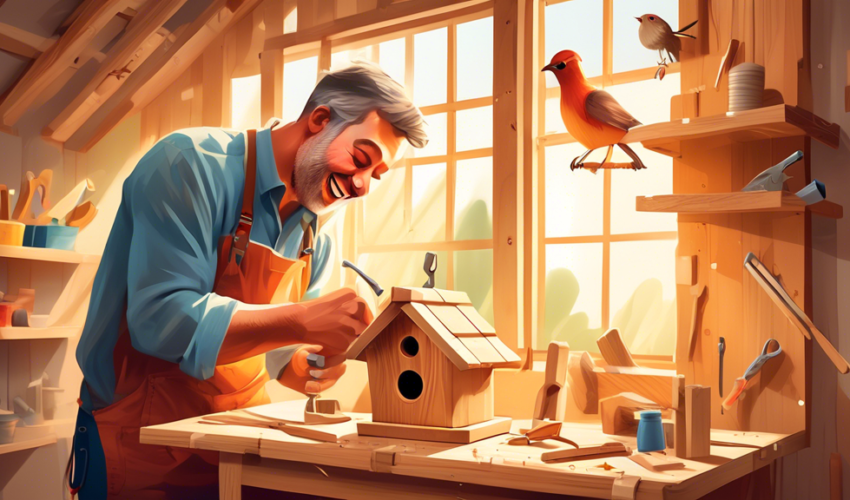 A cheerful beginner carpenter building a small wooden birdhouse in a well-organized workshop, with tools hanging on the wall and wood planks scattered around, natural light streaming in through a wind