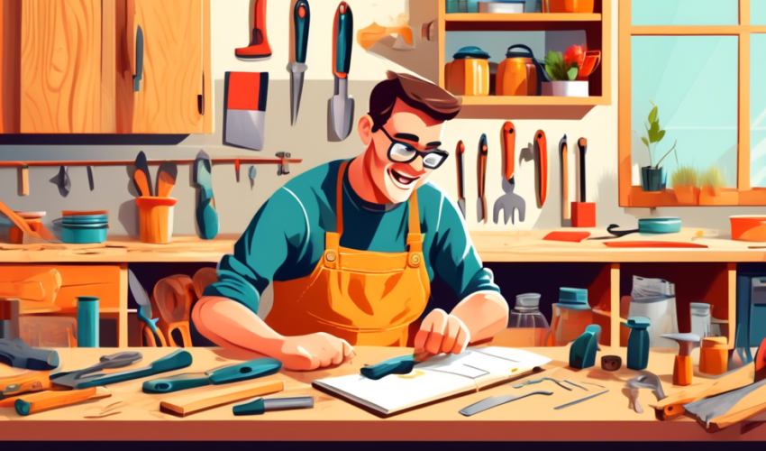 An enthusiastic person with DIY tools open on a workshop table, actively repairing a wooden kitchen cabinet, with an illustrated step-by-step guide book visible, in a bright, well-organized garage set