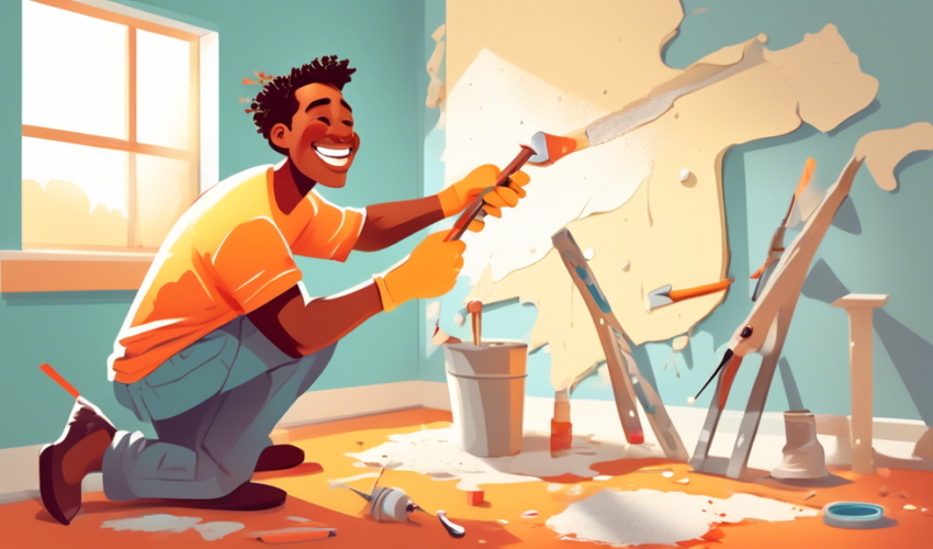 illustration of a cheerful person applying spackle to a small hole in a drywall, surrounded by basic drywall repair tools, in a brightly lit, cozy home repair workshop