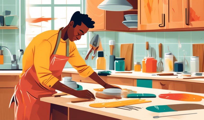 An illustrated guide depicting a person repairing various types of surface damage on wooden kitchen cabinets, showcasing methods like filling in scratches, re-staining, and replacing hardware, set in