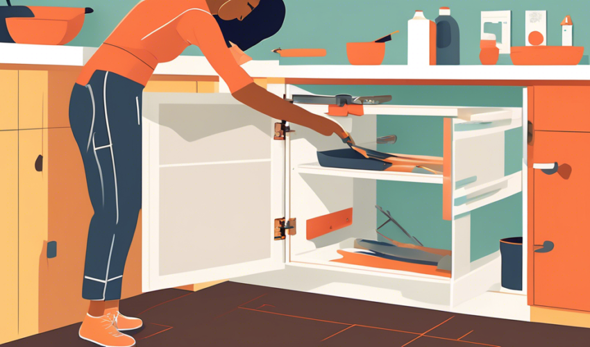 An illustrated step-by-step tutorial on replacing cabinet hinges, featuring a person using tools in a modern kitchen setting, with open cabinets and new hinges laid out on the countertop.