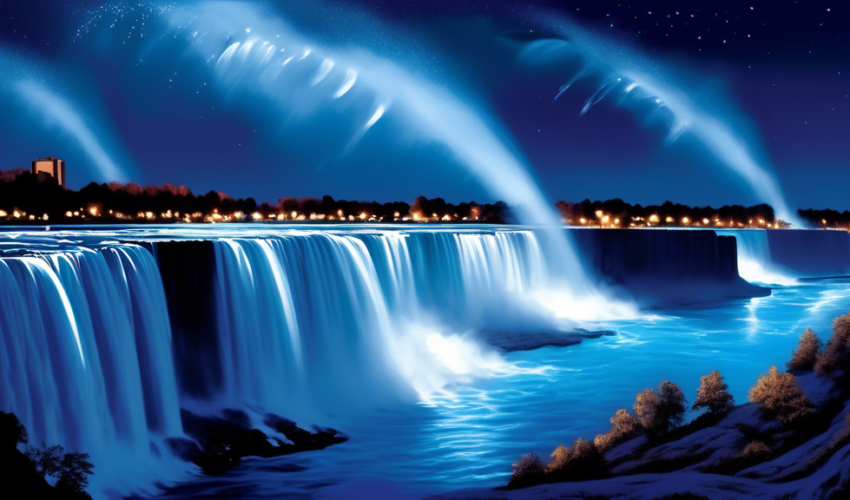 An awe-inspiring image of Niagara Falls illuminated by moonlight during a total lunar eclipse, showcasing the cascading water in majestic shades of blue and silver.