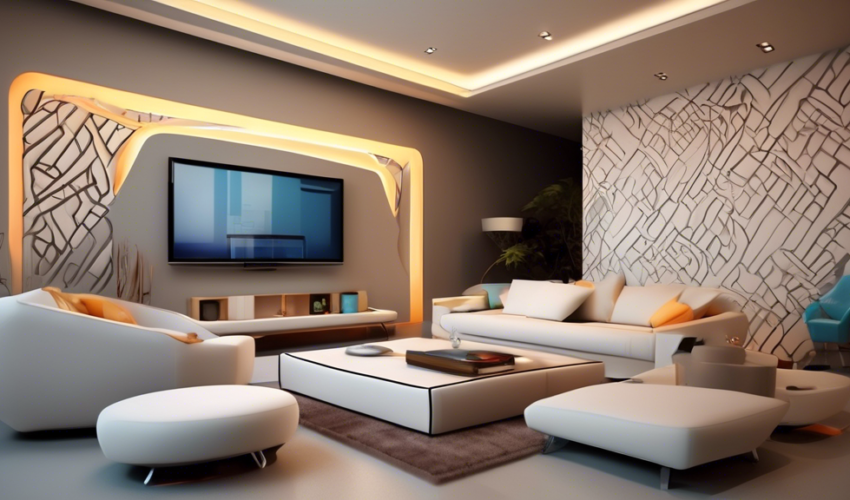 An elegant and modern living room with intricate drywall textures and geometric patterns creatively illuminated to showcase the aesthetics of advanced drywall design techniques.
