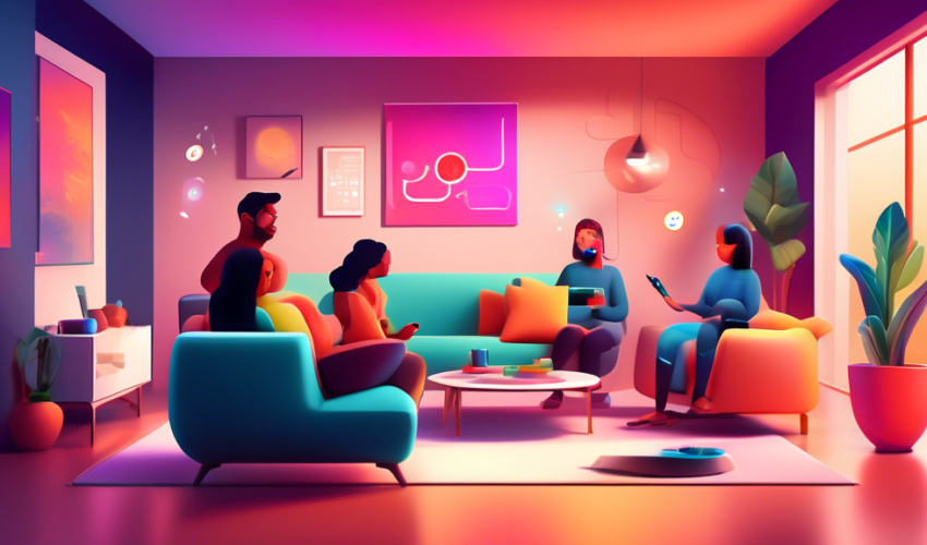 A sleek, modern living room filled with smart home technology devices, including a voice-activated assistant, smart lighting, and an intelligent thermostat, with a family interacting with the devices