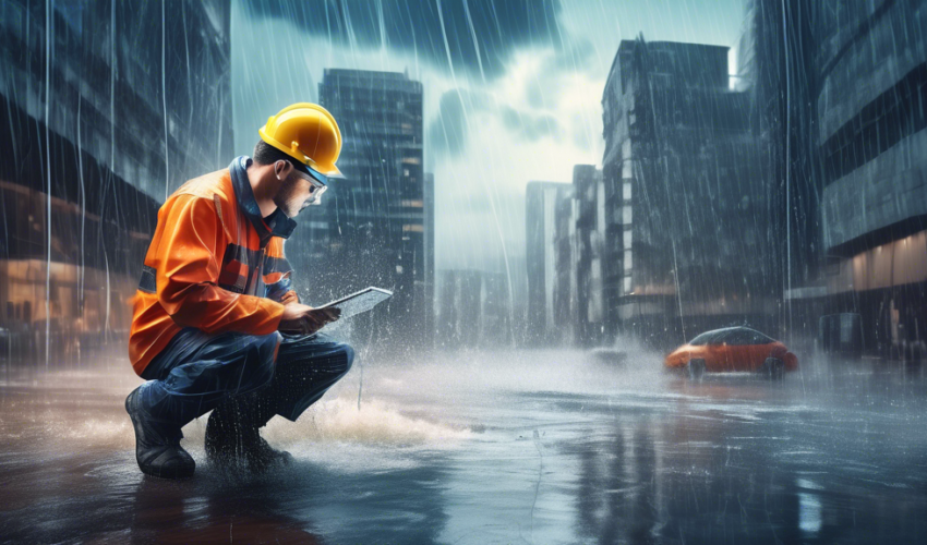 An engineer using advanced technology and tools to upgrade a building's waterproofing system on a stormy day, with visible rain and dynamic water flow on the surfaces, in a detailed, futuristic citysc