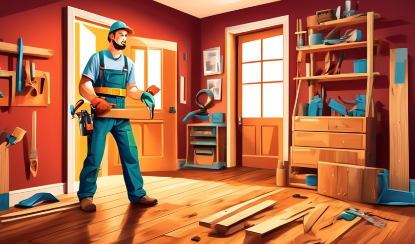 A skilled carpenter wearing a tool belt, efficiently working on home renovation services, showcased through a series of images including fitting a wooden door, repairing a hardwood floor, and designin