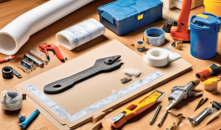 Assortment of essential tools and materials laid out on a wooden workbench for a drywall installation project, including drywall sheets, joint compound, drywall tape, screws, and various hand tools, w