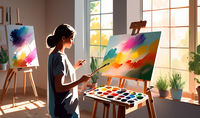 An artist setting up their studio space for a painting session, arranging an array of colorful acrylic paints, brushes of different sizes, a palette, and a blank canvas on an easel, with natural sunli