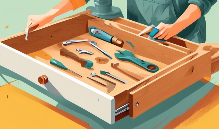 An illustrated step-by-step guide on repairing a wooden drawer, featuring a person in a workshop environment using basic tools like screws, a screwdriver, and wood glue, with detailed insets showing c