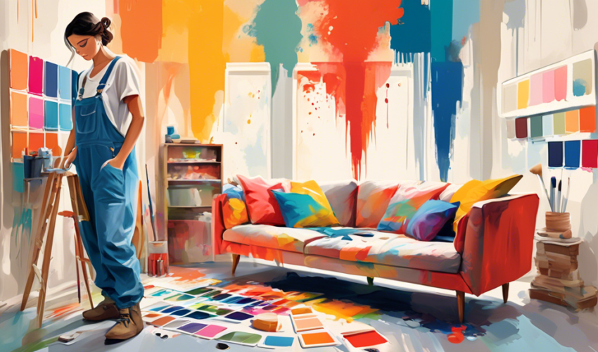 An artistic depiction of a serene living room with half-painted walls, showing a person in overalls thoughtfully choosing between swatches of vibrant paint colors, with an array of paintbrushes and ro