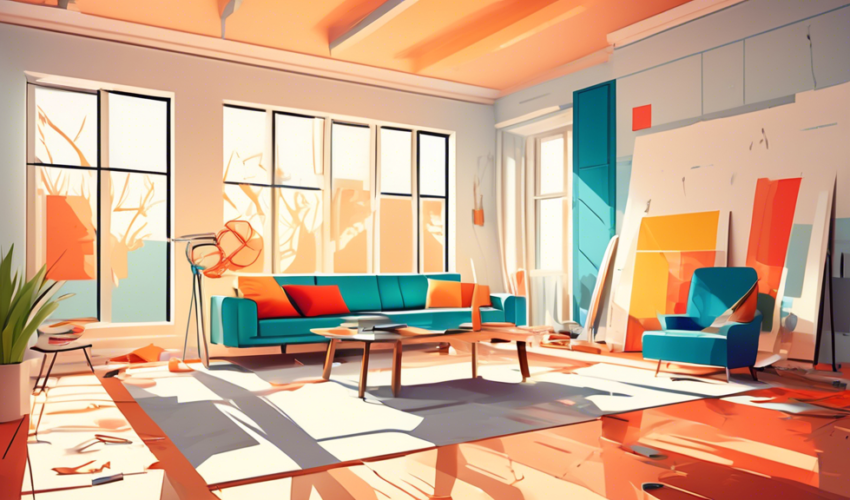 A bright, modern living room undergoing a renovation, with a visible blueprint layout on a table and various remodeling tools scattered about, showcasing natural lighting and stylish, contemporary fur