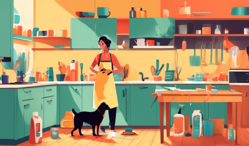 Create an image of a modern, well-lit kitchen, with a person wearing an apron diligently polishing wooden cabinets, various cleaning supplies visible on the counter, and a dog sitting on the floor wat