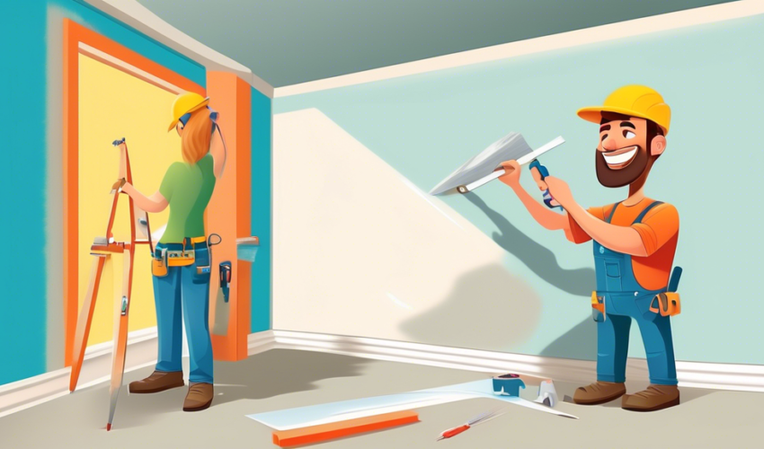 A happy homeowner applying the final touches to a perfectly smooth and repaired piece of drywall, with a comprehensive toolkit and step-by-step guide visible in the background.