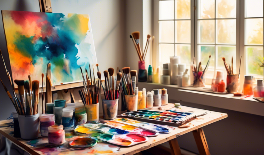 A serene home studio with an array of painting supplies meticulously organized on a wooden worktable, including brushes, palettes, and color tubes, with a freshly painted canvas on an easel illuminate