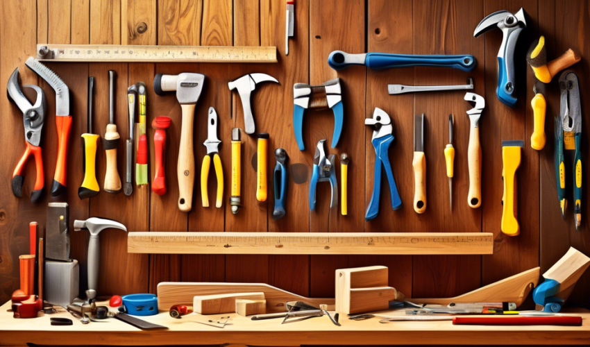 An array of essential carpentry tools neatly displayed on a wooden workbench, including a hammer, saw, measuring tape, chisels, and screws, in a bright, well-organized workshop setting.