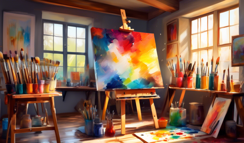 An artist's studio brimming with essential painting tools: a variety of brushes and sizes, a palette rich with vibrant oil paints, an easel holding a half-finished canvas, bright daylight streaming th