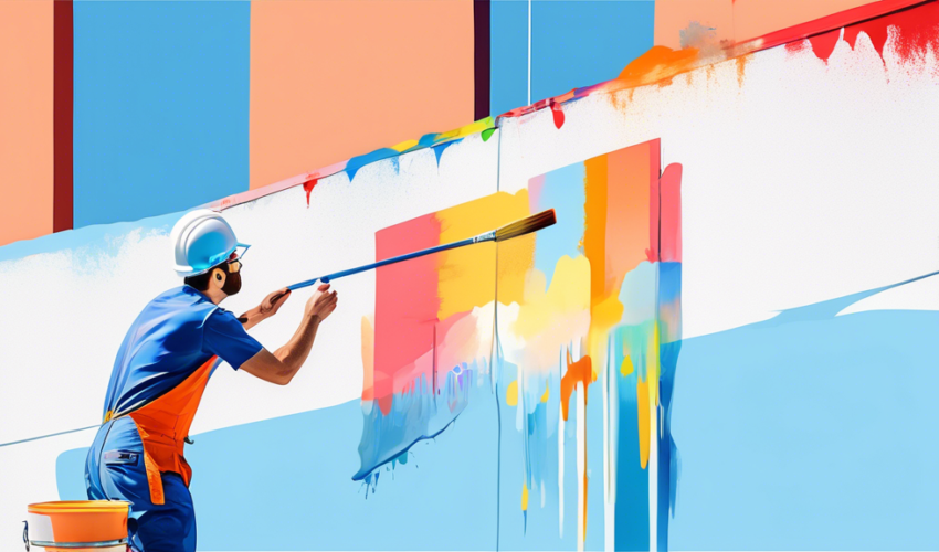 An artist expertly applying vibrant, smooth paint on a large commercial building exterior, demonstrating different painting techniques with brushes and rollers under a clear blue sky, with an infograp