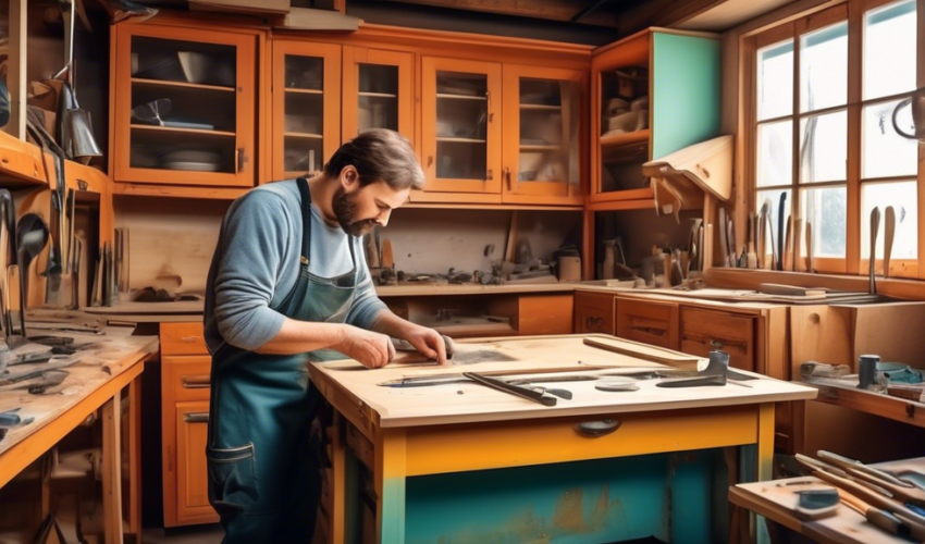 A skilled craftsman meticulously refinishing and repairing an old, worn kitchen cabinet, transforming it with modern tools and techniques in a bright, well-equipped workshop, showcasing before and aft