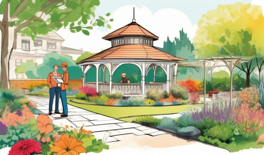 An architect and a landscape designer discussing plans on a digital tablet, with a lush garden under renovation in the background, featuring a gazebo and stone pathway.