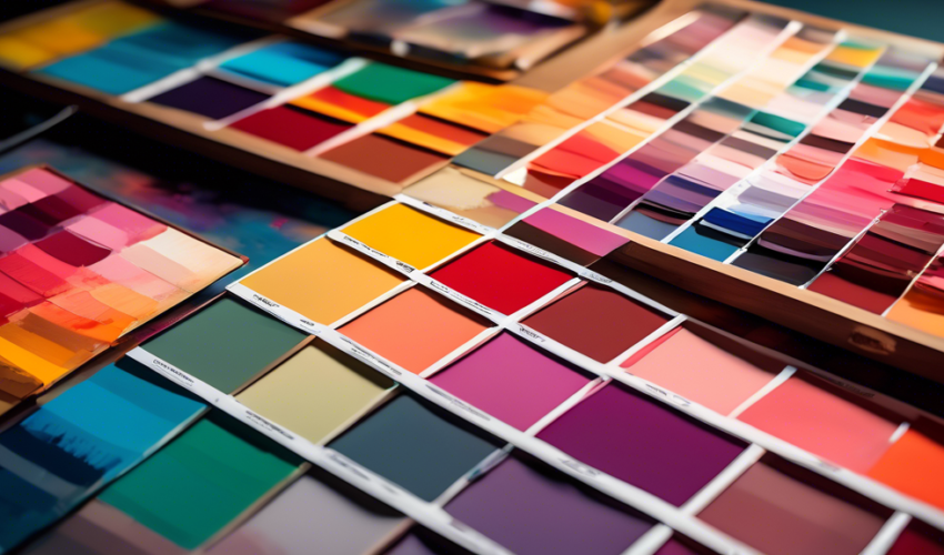 An artist's palette filled with vibrant swatches of the top painting color trends for 2023, each labeled with its trendy name, displayed in a beautifully lit modern art studio.