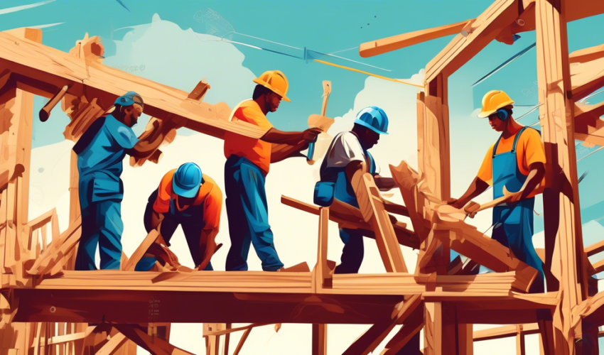 An artistic depiction of a diverse group of carpenters working together on a wooden structure at a construction site, showcasing various tools and techniques, set during a sunny day with blueprints an