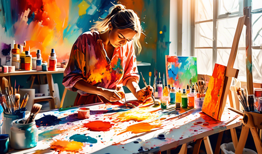 An artist in a bright, sunlit studio, experimenting with various paint application techniques on a large canvas, showing a vibrant mix of textures and colors, with brushes, palette knives, and sponges
