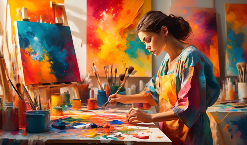 An artist in a sunlit studio, wearing a smock, experimenting with various painting techniques on multiple canvases, with tools like brushes, palette knives, and sponges scattered around, a look of con