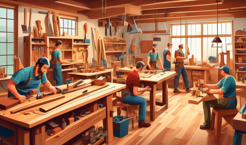 An illustrated scene depicting a workshop where diverse carpenters are engaged in various specialties, including furniture making, cabinetry, and architectural woodworking, each using different tools