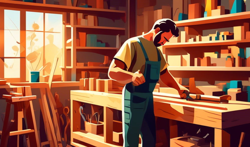 An artisan carpenter carefully crafting a wooden bookshelf in a sunlit, well-organized workshop filled with tools and wood pieces.