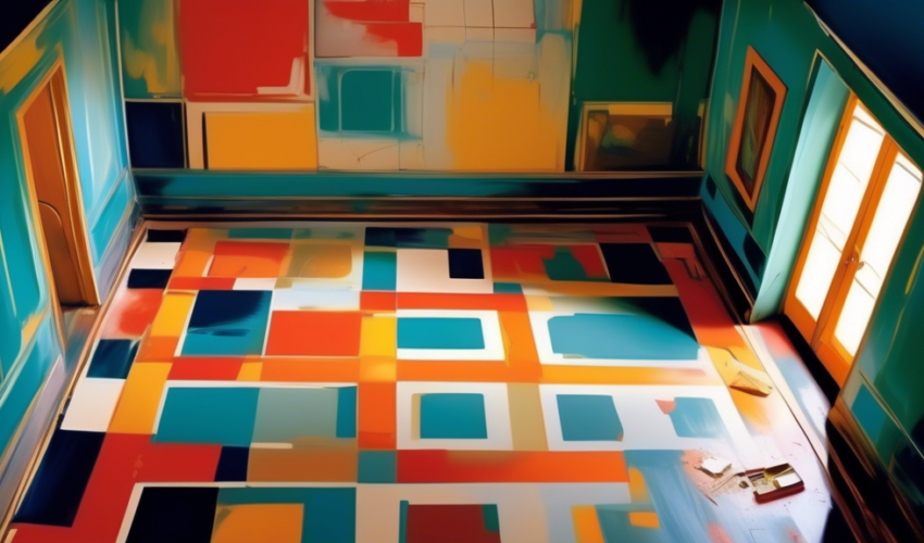 An artistic overhead view of a beautifully designed room with a detailed painted floor juxtaposed with a corner showing signs of wear and scratches, highlighting both the beauty and challenges of painted floors.
