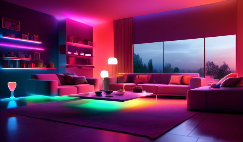 An ultra-modern living room at dusk, showcasing various smart lighting solutions with different colors and intensities, illustrating a cozy and futuristic atmosphere. Include smart gadgets like voice-