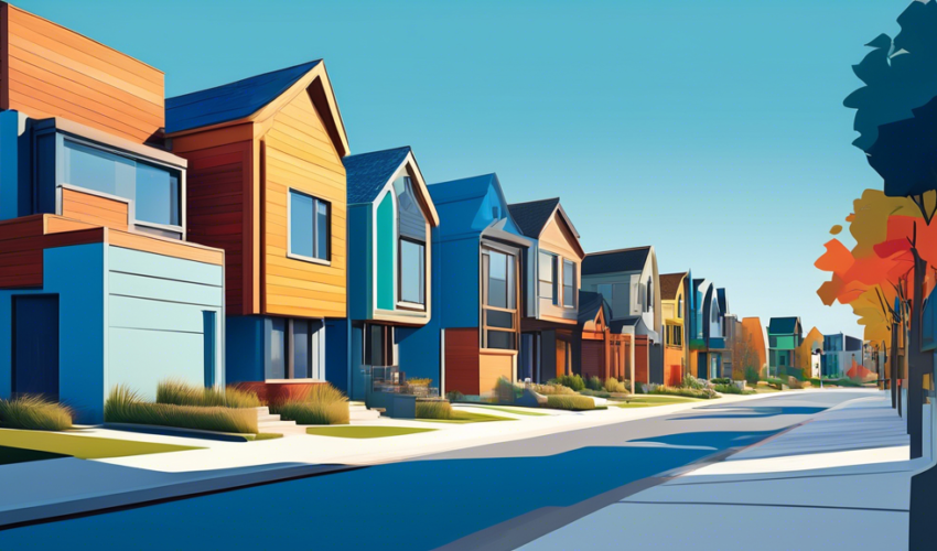 An artistic rendering of a modern suburban street lined with houses showcasing diverse and innovative exterior carpentry designs, featuring various styles from minimalist to intricate woodwork, under