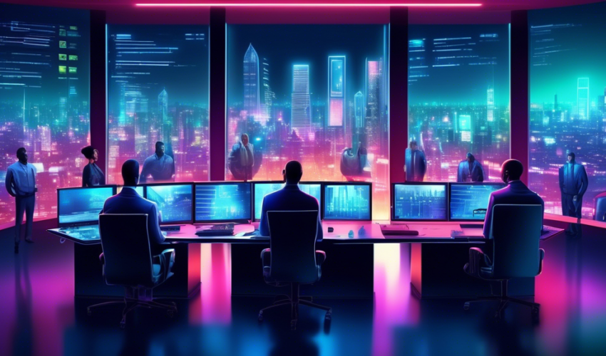 A futuristic control room with a diverse group of security professionals monitoring screens displaying various automated security systems protecting a modern cityscape at night, illuminated by glowing